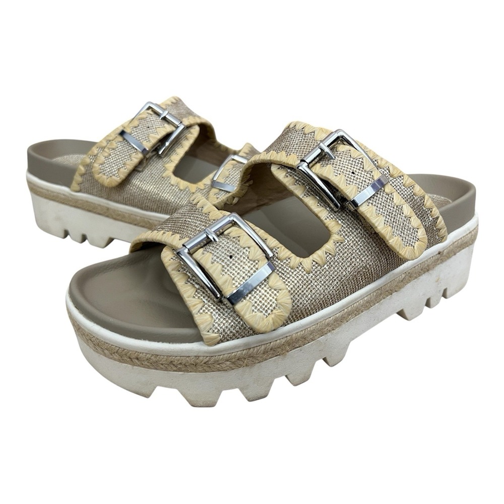 Shu Shop Slide Sandal Laura 8.5 Gold Woven Platform Open Toe Chunky Comfort Boho